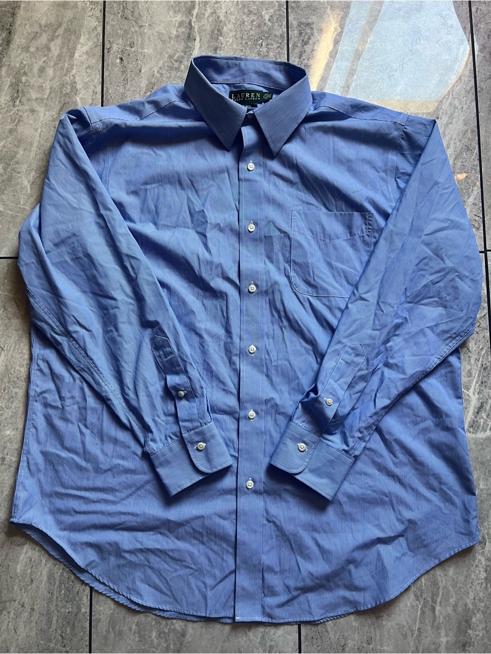 Lauren Ralph Lauren Mens Blue Striped Non Iron Dress Shirt 17.5 34/35 Cotton